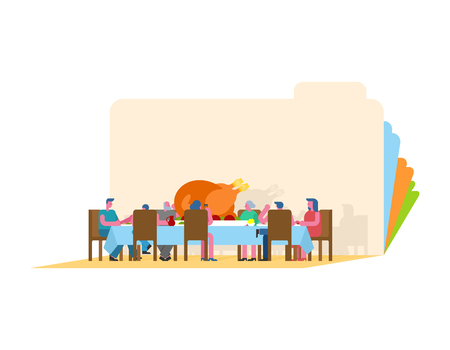 Thanksgiving Paper art carving family dinner. Turkey on big table. Traditional Autumn holiday. Relatives eat. Father and mother. Grandmother and grandfather.のイラスト素材