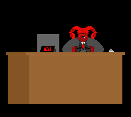 Reception Devil and rack. Acceptance of guests in Hell. Sinners register in inferno. Red demon....