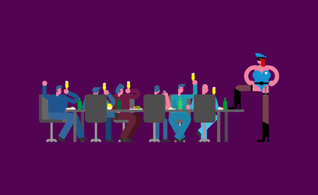 Stripper in party office. Corporate holiday at work.  Striptease dancer woman. Colleagues and large tableのイラスト素材