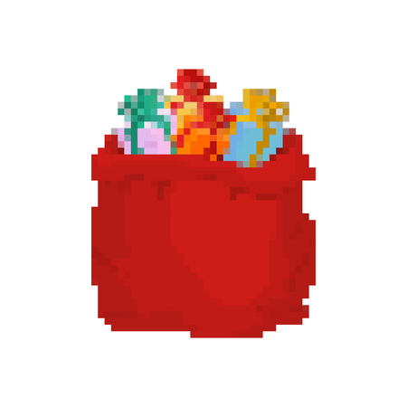 Bag Santa pixel art. Big Red festive holiday bag 8bit. Many gifts for kids. style Video game Old school のイラスト素材