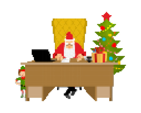 Santa Claus and bag pixel art. New Year big red sack with gifts. Xmas 8bit. Video game Old school Merry Christmas. のイラスト素材