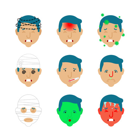 Headache set. Pain Bandaged head. Concussion and cold. High fever and heat infection. Flu virus. Nausea and dizziness. Metaphor of problems and reduced health. pain medical health care conceptのイラスト素材