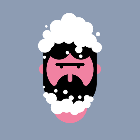 Man face in foam. Male head soaped. Portrait of washing guyのイラスト素材