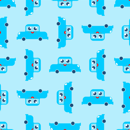 Cute car pattern. funny auto cartoon style background. Baby cloth texture. kids character. Childrens style.のイラスト素材