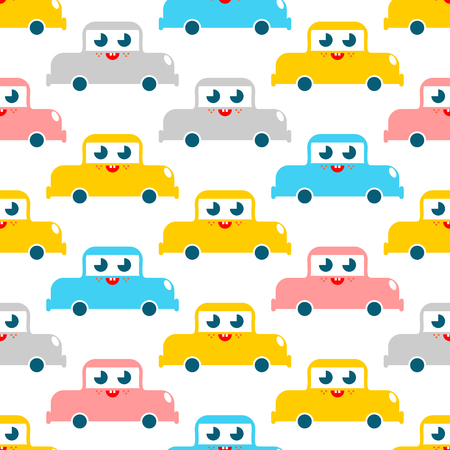 Cute car pattern. funny auto cartoon style background. Baby cloth texture. kids character. Childrens style.のイラスト素材