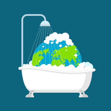 Earth in bath washed. Clean planet. Global Cleaning Earth Concept Illustrationのイラスト素材