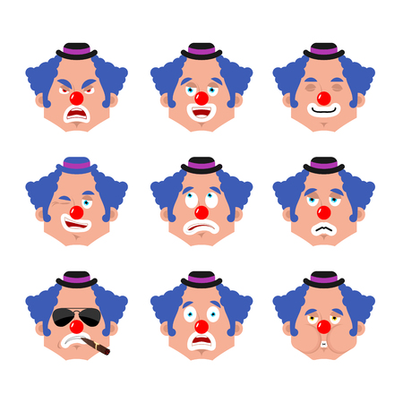 Clown face set. sleeping and evil emotion avatar. bewildered and sad funnyman emoji. harlequin fear and happy icon. serious and winksのイラスト素材