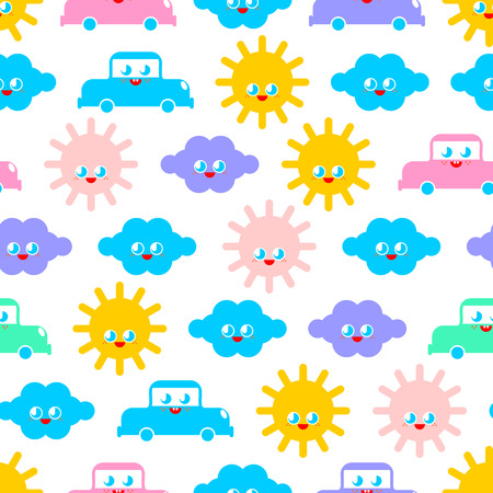 Baby cloth Cute pattern. funny sun and cloud and car cartoon style background. kids character texture. Childrens styleのイラスト素材