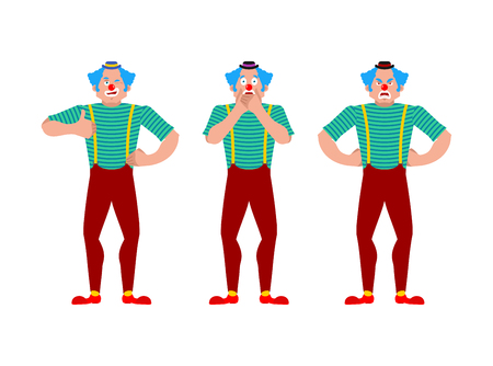 Clown set. funnyman bewildered and angry. harlequin winks and thumb up. Vector illustrationのイラスト素材