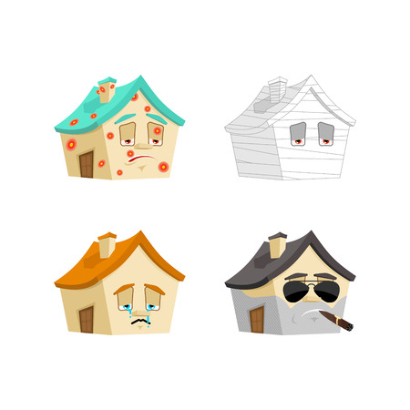 House Cartoon Style set. Home Sick and sad. Bandaged and brutal. Building Collection of situationsのイラスト素材