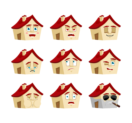 House set emotion. sleeping and evil emotion avatar. bewildered and sad Home emoji. Building fear and happy icon. serious and winksのイラスト素材
