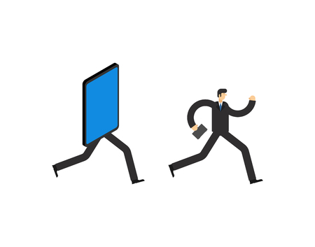 Businessman run away smartphone. Man go Offline. Concept stop online. Escape from internetのイラスト素材
