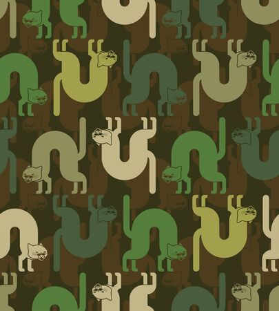 Angry cat military pattern seamless. Attacker pet army background. Hunter and soldier green ornament. Animal Protective vector textureのイラスト素材