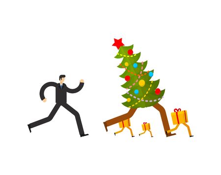 Christmas sale. Man runs for Gift box. Guy running after present. Xmas and New Year vector illustrationのイラスト素材