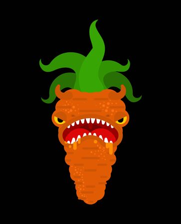 Carrot monster GMO. Genetically modified Angry Orange Vegetable with teeth. Hungry Alien Food vector illustrationのイラスト素材