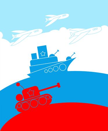 23 February background Template for postcard, poster, flyer. Defender of Fatherland Day. Greeting card. Military equipment: aircraft and tanks. Russian Military holidayのイラスト素材