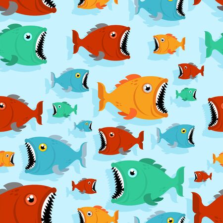 Fish eat fish pattern seamless. Predatory fish with open mouth. underwater world background. Baby fabric textureのイラスト素材