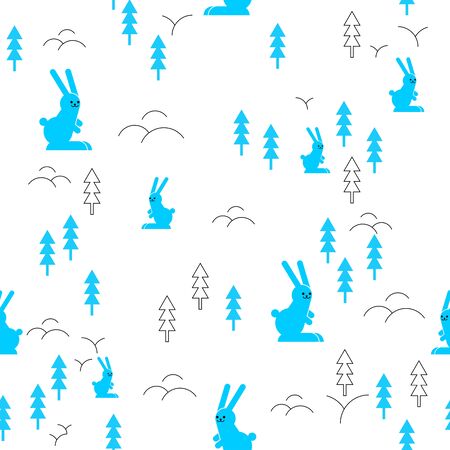Hare in forest pattern seamless.Â rabbit and wood background. Baby fabric textureのイラスト素材