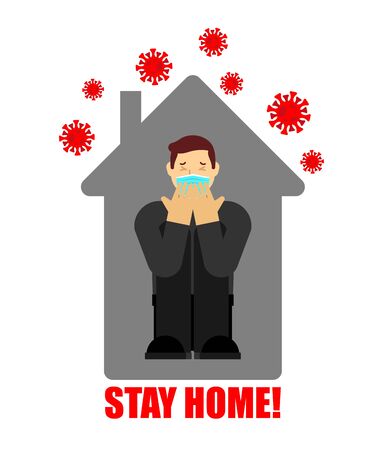 Stay at home. Man inside house. Coronavirus isolation mode. Quarantine from the virus. Pandemic.のイラスト素材