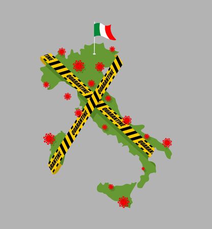 Italy is wrapped in yellow warning tape Quarantine. Italian map Coronavirus epidemic in world. Outbreak Covid-19 Pandemic. World disasterのイラスト素材