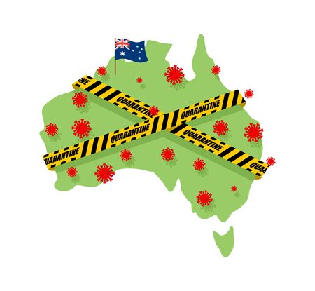 Australia is wrapped in yellow warning tape Quarantine. Australian map Coronavirus epidemic in world. Outbreak Covid-19 Pandemic. World disasterのイラスト素材