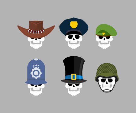 Set of skulls in hats. Green beret and hat cylinder. Cowboy and policeman. Aristocrat and British sheriff. skeleton head のイラスト素材