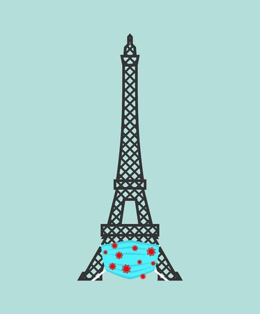 Eiffel Tower in medical mask. Quarantine in France. Coronavirus epidemic in world. Outbreak Covid-19 Pandemic. World disasterのイラスト素材