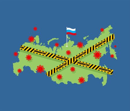 Quarantine in Russia. Russian map is wrapped in yellow warning tape Quarantine. Coronavirus epidemic in world. Outbreak Covid-19 Pandemic. World disasterのイラスト素材