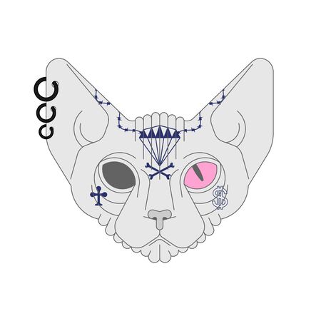 Sphynx cat with tattoo. Pet bully and criminal. Bad boy animalのイラスト素材