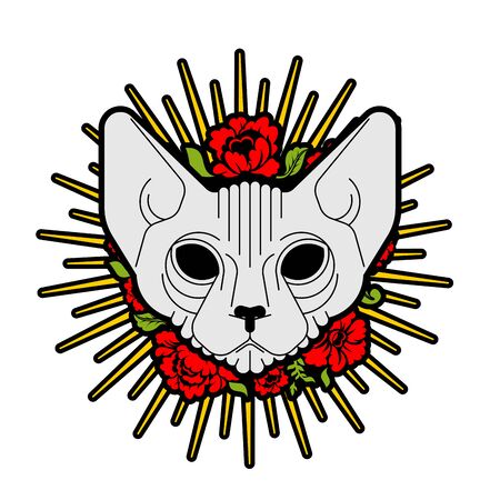 Sphynx cat with flowers. Pet and rose flower Tattooのイラスト素材