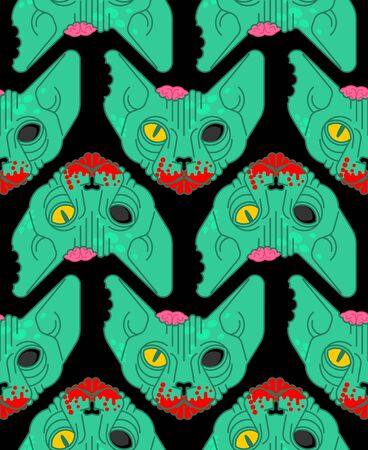 Cat zombie pattern seamless. Pet green monster background. vector texture