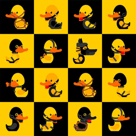 BDSM duck pattern seamless. fetish toy background. Rubber duck in black suit texture. vector ornamentのイラスト素材