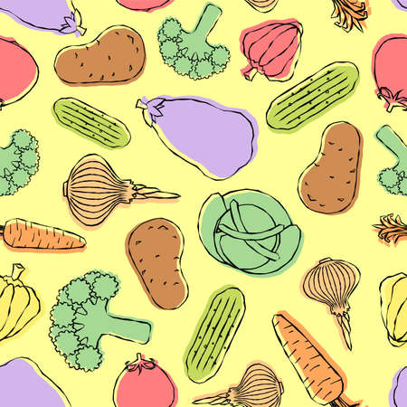 Vegetables pattern seamless. Potatoes and cabbage, peppers and carrots, eggplant and onions backgroundのイラスト素材