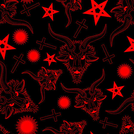 Baphomet Demon pattern seamless. Satanic background. Satan with goat head ornament. Devil symbol pentagram textureのイラスト素材