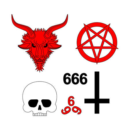 Satanic set. Baphomet Demon goat head. devilish symbol. Devil symbol pentagram.