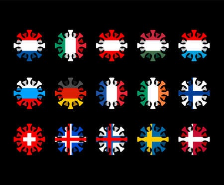Set of coronavirus in countries of world. Microbe COVID-2019 in flag. World epidemic. Pandemic. Country in lockdown. Part 2のイラスト素材