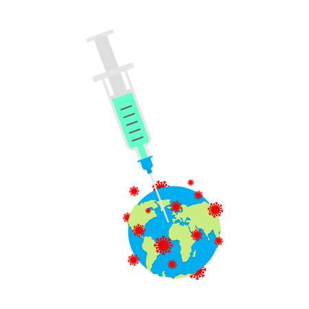 Coronavirus vaccine. Vaccinating earth. Syringe pierces Covid-19 bacteria. Cure for infectionのイラスト素材