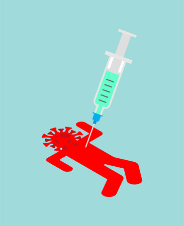 Syringe pierces Covid-19 bacteria. Coronavirus vaccine. Cure for infectionのイラスト素材