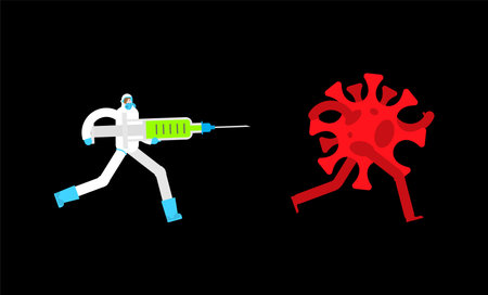 Doctor in protective suit with large syringe. Vaccination against coronavirus. COVID-19 vaccineのイラスト素材