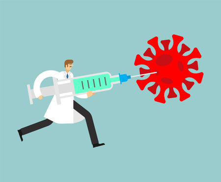Doctor with large syringe. Vaccination against coronavirus. COVID-19 vaccineのイラスト素材