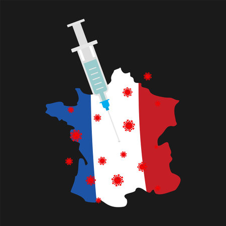 Coronavirus vaccine. France vaccination. Syringe pierces France map. Cure for infection Covid-19のイラスト素材