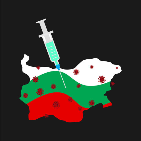 Coronavirus vaccine. Bulgaria vaccination. Syringe pierces Bulgaria map. Cure for infection Covid-19のイラスト素材