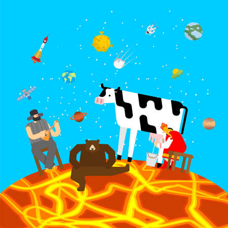 Russian farm on Mars. Woman milks cow. Man plays balalaika. Bear is dancing. Russian village in spaceのイラスト素材