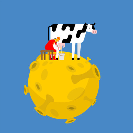 Russian farm on Moon. Woman milks cow. Man plays balalaika. Bear is dancing. Russian village in space on surface of moonのイラスト素材