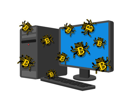 Bitcoin virus bug infected computer. Digital currency computer virus.のイラスト素材