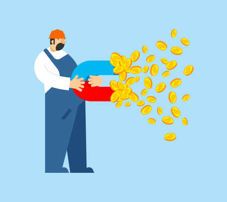 Miner and Magnet for bitcoin. Attracting cryptocurrencies. Business concept. vector illustrationのイラスト素材