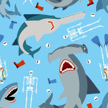 Shark and skeleton diver pattern seamless. Marine predator ate frogman background. diver's death textureのイラスト素材