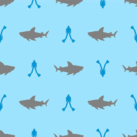 Shark and diver pattern seamless. Hammerhead shark and frogman background. Marine predator textureのイラスト素材