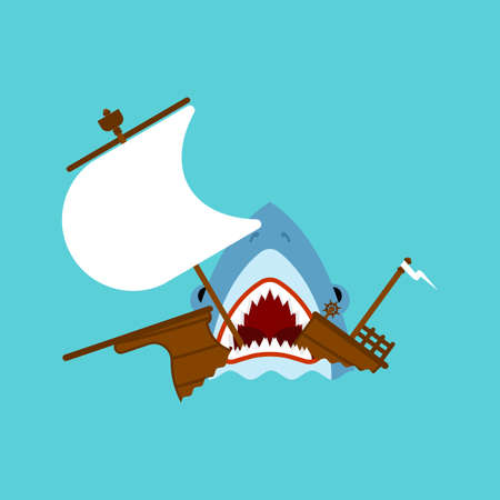 Shark bites ship. Great shark eats shipのイラスト素材