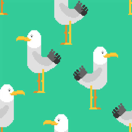 Gull pixel art pattern seamless. seagull 8 bit background. Sea bird pixelated textureのイラスト素材